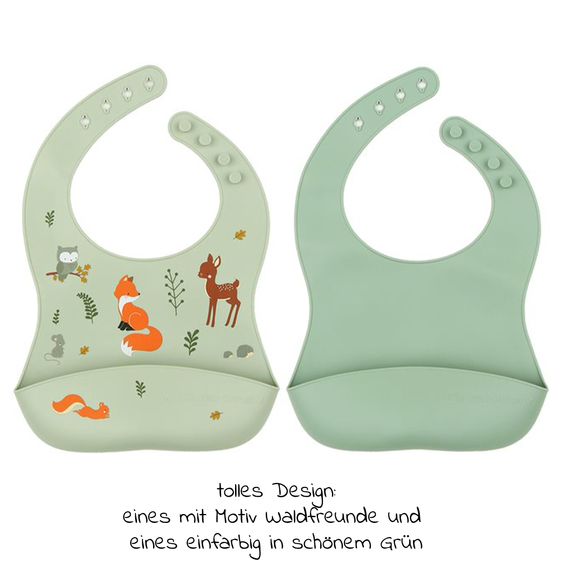 A Little Lovely Company 2er Pack Silikon-Lätzchen mit Auffangschale - Waldfreunde