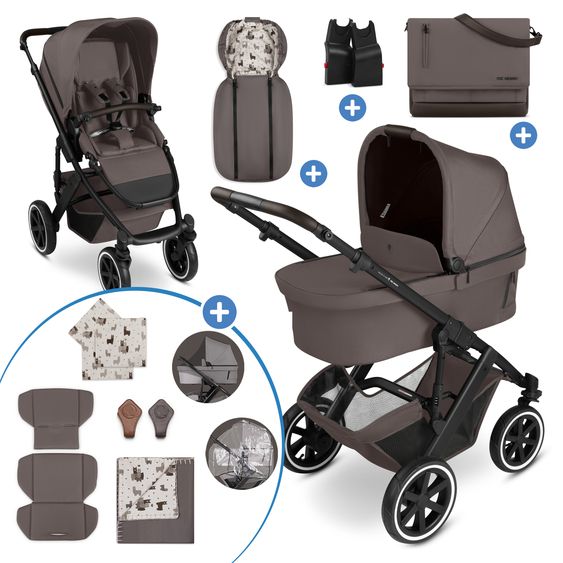 ABC Design 12-pcs Combi Stroller Set Salsa 5 Air Starter Set with Carrycot, Sports Seat, Adapter, Urban Changing Bag, Footmuff, Muslin Cloths, Magnet Clip, Blanket, Rain Cover & Mosquito Net - Marron