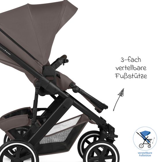 ABC Design 12-pcs Combi Stroller Set Salsa 5 Air Starter Set with Carrycot, Sports Seat, Adapter, Urban Changing Bag, Footmuff, Muslin Cloths, Magnet Clip, Blanket, Rain Cover & Mosquito Net - Marron