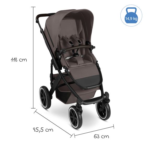 ABC Design 12-pcs Combi Stroller Set Salsa 5 Air Starter Set with Carrycot, Sports Seat, Adapter, Urban Changing Bag, Footmuff, Muslin Cloths, Magnet Clip, Blanket, Rain Cover & Mosquito Net - Marron