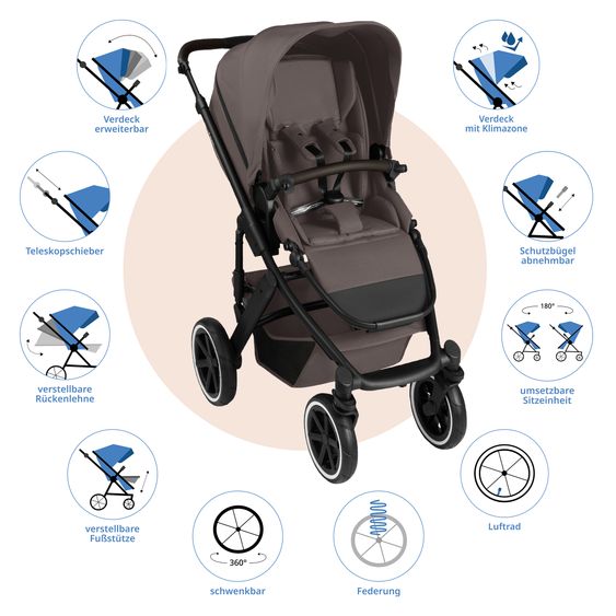 ABC Design 12-pcs Combi Stroller Set Salsa 5 Air Starter Set with Carrycot, Sports Seat, Adapter, Urban Changing Bag, Footmuff, Muslin Cloths, Magnet Clip, Blanket, Rain Cover & Mosquito Net - Marron