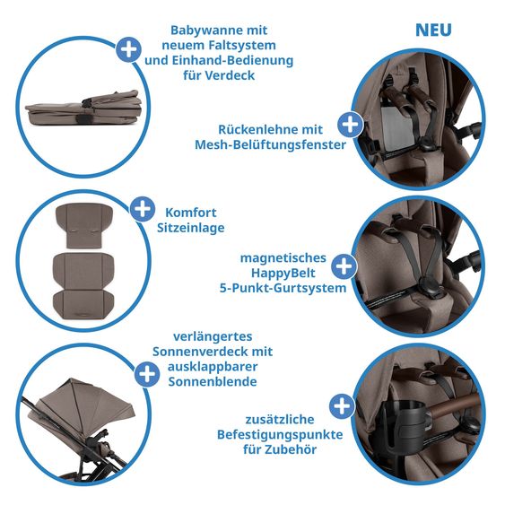 ABC Design 12-pcs Combi Stroller Set Salsa 5 Air Starter Set with Carrycot, Sports Seat, Adapter, Urban Changing Bag, Footmuff, Muslin Cloths, Magnet Clip, Blanket, Rain Cover & Mosquito Net - Marron