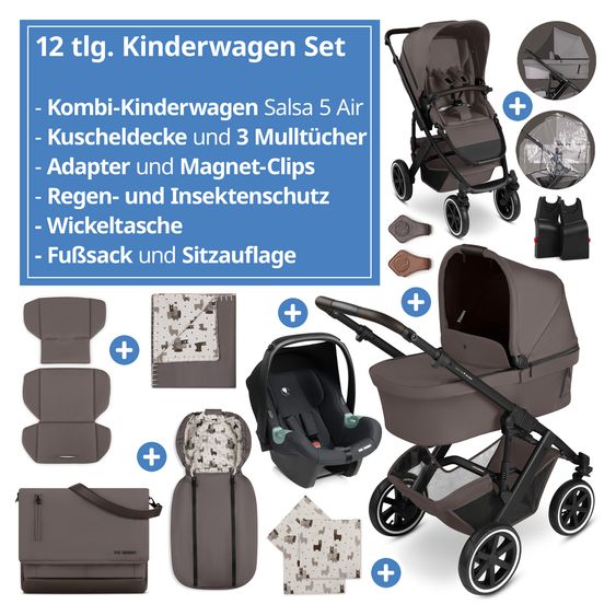 ABC Design 13-tlg. Kinderwagen-Set Salsa 5 Air Starter Set mit Babyschale, Babywanne, Sportsitz, Adapter, Wickeltasche, Fußsack, Magnetclip, Decke, Regenschutz & Moskitonetz - Marron