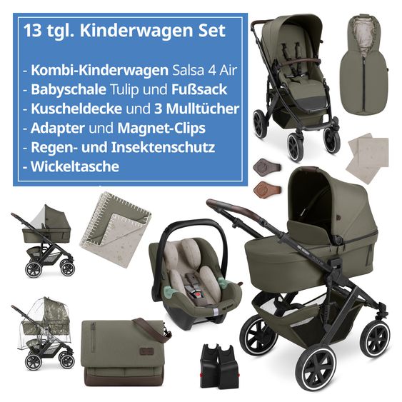 ABC Design Set passeggino combinato 13 pz. Salsa 4 Air Starter Set incl. Navicella, Seggiolino Sportivo, Tulip, Adattatore, Borsa Fasciatoio Urban, Sacco Coprigambe, Bavaglini, Clip Magnetica, Coperta, Copertura Pioggia & Zanzariera - Pure Edition - Wheat