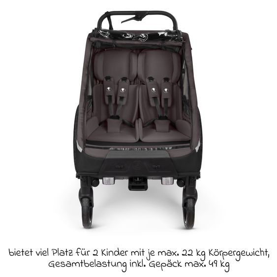 ABC Design 3in1 Bike Trailer & Stroller Tour 2 for 2 Children with Brake System, Comfort Seats, Drawbar, Coupling, Canopy with Mosquito Net, Rain & Sun Protection (up to 49 kg) - Falcon