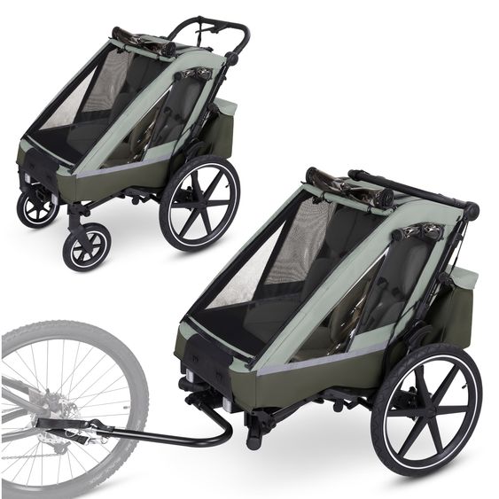 ABC Design 3in1 Bike Trailer & Stroller Tour 2 for 2 Children with Brake System, Comfort Seats, Drawbar, Coupling, Canopy with Mosquito Net, Rain & Sun Protection (up to 49 kg) - Olive