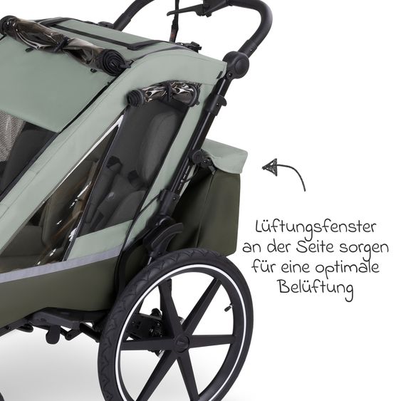 ABC Design 3in1 Bike Trailer & Stroller Tour 2 for 2 Children with Brake System, Comfort Seats, Drawbar, Coupling, Canopy with Mosquito Net, Rain & Sun Protection (up to 49 kg) - Olive