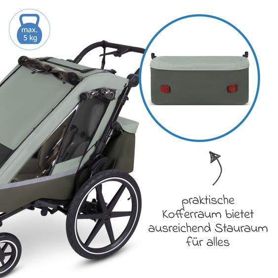 ABC Design 3in1 Bike Trailer & Stroller Tour 2 for 2 Children with Brake System, Comfort Seats, Drawbar, Coupling, Canopy with Mosquito Net, Rain & Sun Protection (up to 49 kg) - Olive