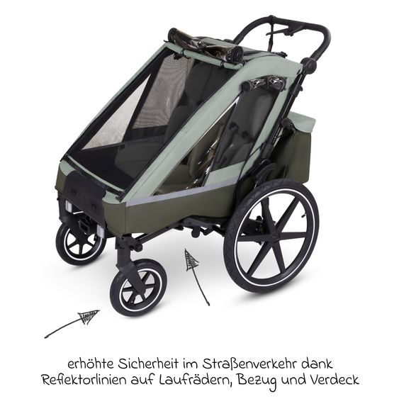 ABC Design 3in1 Bike Trailer & Stroller Tour 2 for 2 Children with Brake System, Comfort Seats, Drawbar, Coupling, Canopy with Mosquito Net, Rain & Sun Protection (up to 49 kg) - Olive