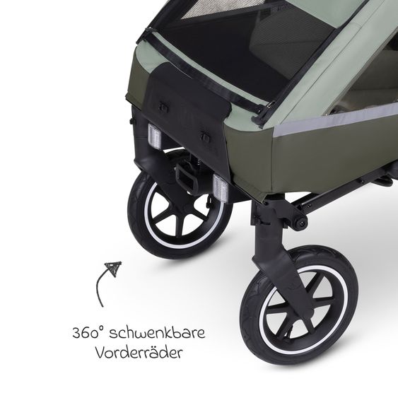ABC Design 3in1 Bike Trailer & Stroller Tour 2 for 2 Children with Brake System, Comfort Seats, Drawbar, Coupling, Canopy with Mosquito Net, Rain & Sun Protection (up to 49 kg) - Olive