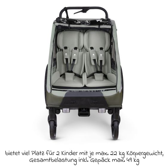 ABC Design 3in1 Bike Trailer & Stroller Tour 2 for 2 Children with Brake System, Comfort Seats, Drawbar, Coupling, Canopy with Mosquito Net, Rain & Sun Protection (up to 49 kg) - Olive