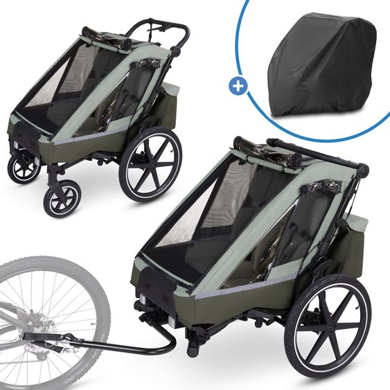 ABC Design 3in1 Fahrradanhänger & Kinderwagen Tour 2 für 2 Kinder mit Faltgarage, Bremse, Sitze, Deichsel, Kupplung, Verdeck mit Moskitonetz, Regen- & Sonnenschutz (bis 49 kg) - Olive