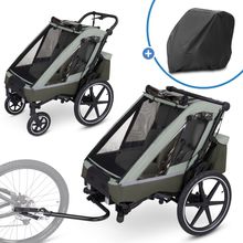 3in1 Fahrradanhänger & Kinderwagen Tour 2 für 2 Kinder mit Faltgarage, Bremse, Sitze, Deichsel, Kupplung, Verdeck mit Moskitonetz, Regen- & Sonnenschutz (bis 49 kg) - Olive