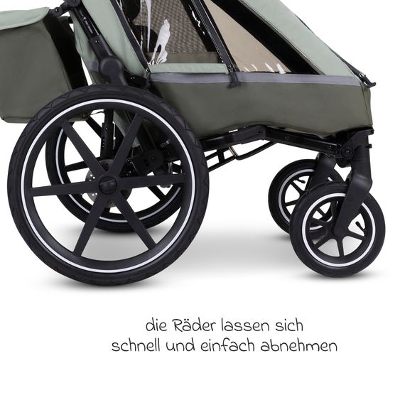 ABC Design 3in1 Fahrradanhänger & Kinderwagen Tour 2 für 2 Kinder mit Faltgarage, Bremse, Sitze, Deichsel, Kupplung, Verdeck mit Moskitonetz, Regen- & Sonnenschutz (bis 49 kg) - Olive