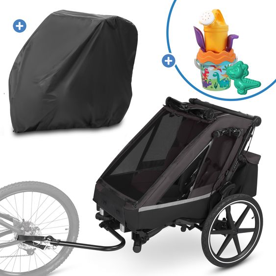 ABC Design 3in1 Rimorchio bici & Passeggino Tour 2 per 2 bambini con garage pieghevole, set secchiello, freno, sedili, barra di traino, giunto, tettuccio con zanzariera, protezione da pioggia e sole (fino a 49 kg) - Falcon
