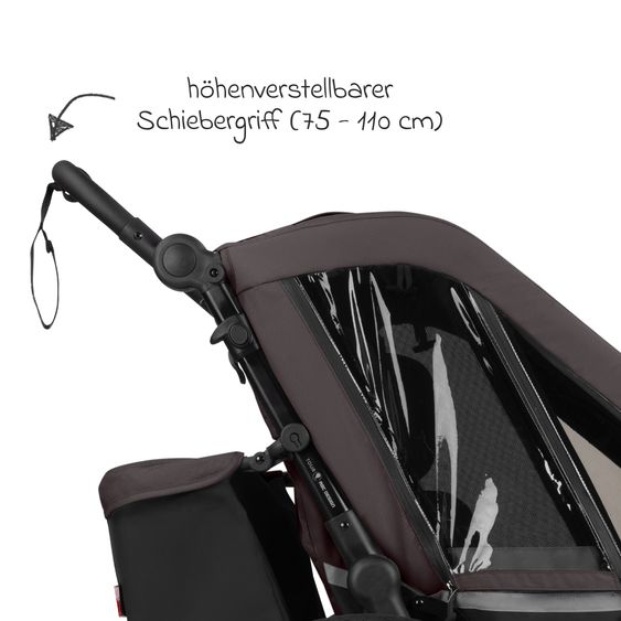 ABC Design 3in1 Rimorchio bici & Passeggino Tour 2 per 2 bambini con garage pieghevole, set secchiello, freno, sedili, barra di traino, giunto, tettuccio con zanzariera, protezione da pioggia e sole (fino a 49 kg) - Falcon