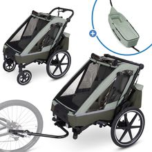 3in1 Fahrradanhänger & Kinderwagen Tour 2 für 2 Kinder mit Neugeboreneneinsatz, Bremse, Sitze, Deichsel, Kupplung, Moskitonetz, Regen- & Sonnenschutz (bis 49 kg) - Olive