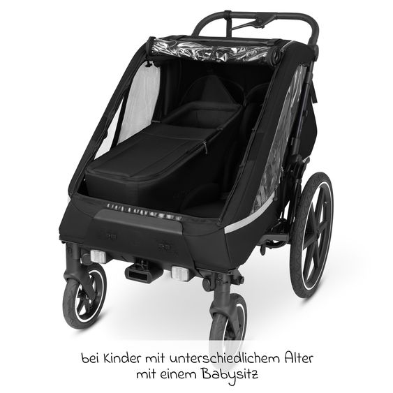 ABC Design 3in1 Rimorchio bici & Passeggino Tour 2 per 2 bambini con inserto neonato, garage pieghevole, freno, sedili, timone, giunto, zanzariera, protezione pioggia e sole (fino a 49 kg) - Falcon