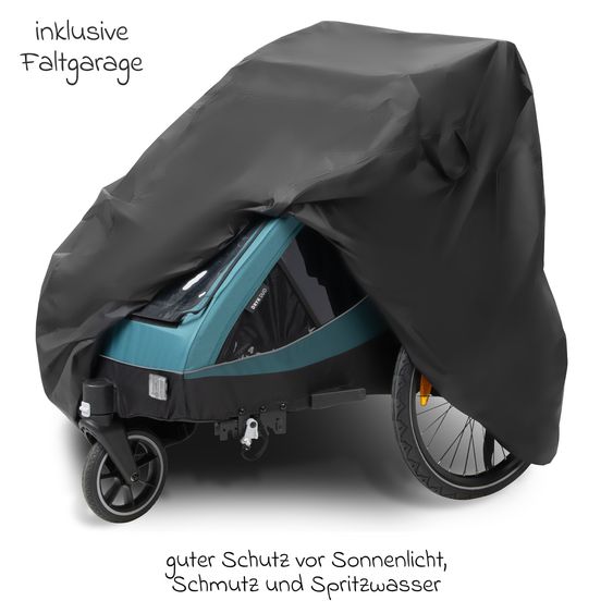 ABC Design 3in1 Rimorchio bici & Passeggino Tour 2 per 2 bambini con inserto neonato, garage pieghevole, freno, sedili, timone, giunto, zanzariera, protezione pioggia e sole (fino a 49 kg) - Falcon