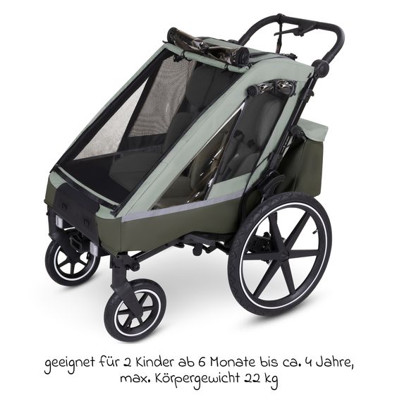 ABC Design 3in1 Bike Trailer & Stroller Tour 2 for 2 Children with Newborn Insert, Folding Garage, Brake, Seats, Drawbar, Coupling, Mosquito Net, Rain & Sun Protection (up to 49 kg) - Olive