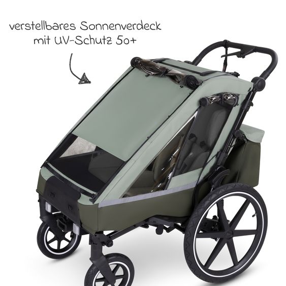 ABC Design 3in1 Bike Trailer & Stroller Tour 2 for 2 Children with Newborn Insert, Folding Garage, Brake, Seats, Drawbar, Coupling, Mosquito Net, Rain & Sun Protection (up to 49 kg) - Olive