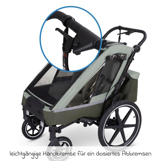 ABC Design 3in1 Bike Trailer & Stroller Tour 2 for 2 Children with Newborn Insert, Folding Garage, Brake, Seats, Drawbar, Coupling, Mosquito Net, Rain & Sun Protection (up to 49 kg) - Olive