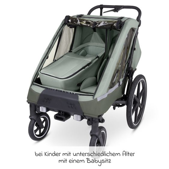 ABC Design 3in1 Bike Trailer & Stroller Tour 2 for 2 Children with Newborn Insert, Folding Garage, Brake, Seats, Drawbar, Coupling, Mosquito Net, Rain & Sun Protection (up to 49 kg) - Olive