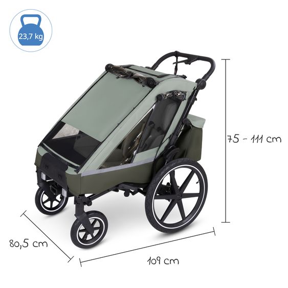 ABC Design 3in1 Bike Trailer & Stroller Tour 2 for 2 Children with Newborn Insert, Folding Garage, Brake, Seats, Drawbar, Coupling, Mosquito Net, Rain & Sun Protection (up to 49 kg) - Olive