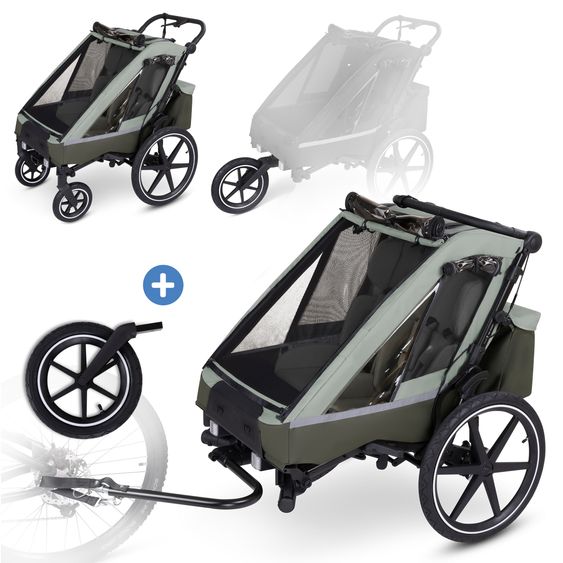 ABC Design 3in1 Fahrradanhänger & Kinderwagen Tour 2 für 2 Kinder mit Sport-Kit, Bremssystem, Komfortsitze, Deichsel, Kupplung, Verdeck mit Moskitonetz, Regen- & Sonnenschutz (bis 49 kg) - Olive