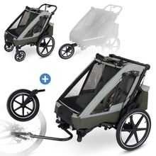 3in1 Fahrradanhänger & Kinderwagen Tour 2 für 2 Kinder mit Sport-Kit, Bremssystem, Komfortsitze, Deichsel, Kupplung, Verdeck mit Moskitonetz, Regen- & Sonnenschutz (bis 49 kg) - Olive
