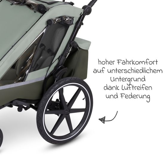 ABC Design 3in1 Fahrradanhänger & Kinderwagen Tour 2 für 2 Kinder mit Sport-Kit, Bremssystem, Komfortsitze, Deichsel, Kupplung, Verdeck mit Moskitonetz, Regen- & Sonnenschutz (bis 49 kg) - Olive