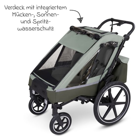 ABC Design 3in1 Fahrradanhänger & Kinderwagen Tour 2 für 2 Kinder mit Sport-Kit, Bremssystem, Komfortsitze, Deichsel, Kupplung, Verdeck mit Moskitonetz, Regen- & Sonnenschutz (bis 49 kg) - Olive