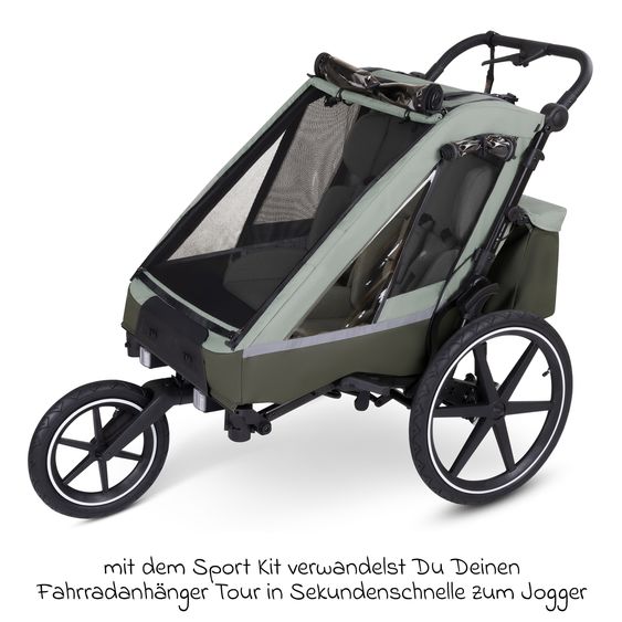 ABC Design 3in1 Fahrradanhänger & Kinderwagen Tour 2 für 2 Kinder mit Sport-Kit, Bremssystem, Komfortsitze, Deichsel, Kupplung, Verdeck mit Moskitonetz, Regen- & Sonnenschutz (bis 49 kg) - Olive