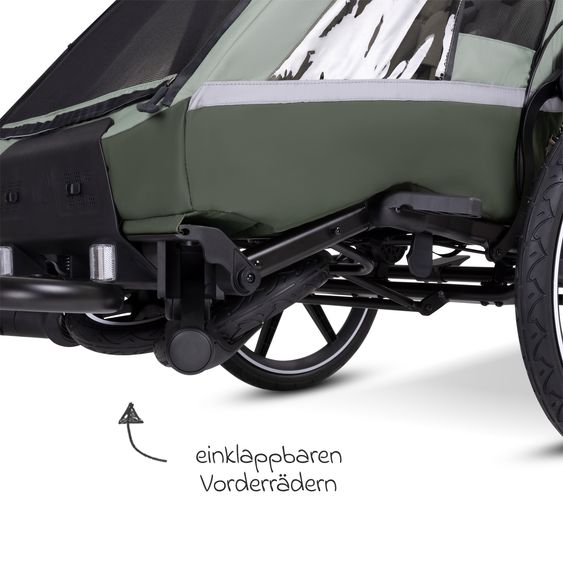 ABC Design 3in1 Fahrradanhänger & Kinderwagen Tour 2 für 2 Kinder mit Sport-Kit, Bremssystem, Komfortsitze, Deichsel, Kupplung, Verdeck mit Moskitonetz, Regen- & Sonnenschutz (bis 49 kg) - Olive
