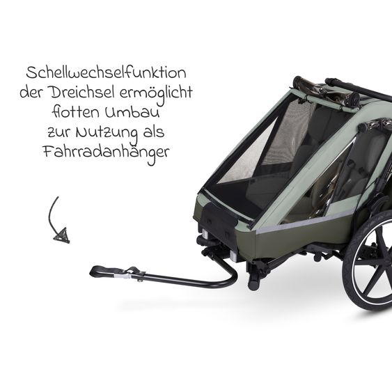 ABC Design 3in1 Fahrradanhänger & Kinderwagen Tour 2 für 2 Kinder mit Sport-Kit, Bremssystem, Komfortsitze, Deichsel, Kupplung, Verdeck mit Moskitonetz, Regen- & Sonnenschutz (bis 49 kg) - Olive