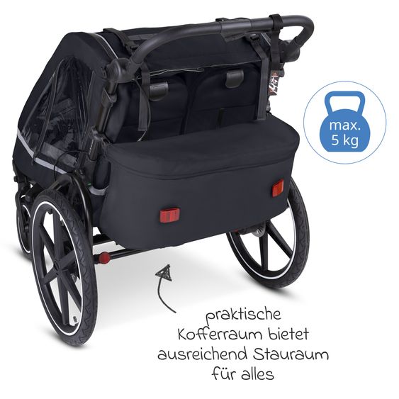 ABC Design Rimorchio per bici e passeggino 3in1 per 2 bambini con sistema frenante, sedili confortevoli, tettuccio con zanzariera, parapioggia e protezione solare (fino a 49 kg) - Ink