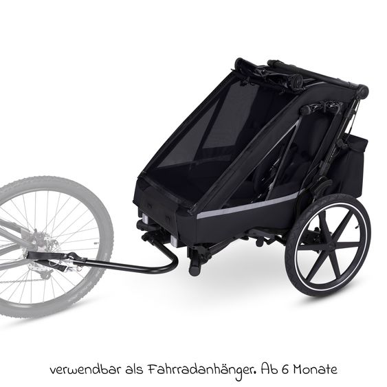 ABC Design Rimorchio per bici e passeggino 3in1 per 2 bambini con sistema frenante, sedili confortevoli, tettuccio con zanzariera, parapioggia e protezione solare (fino a 49 kg) - Ink