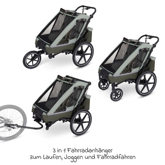 ABC Design 3in1 Fahrradanhänger und Kinderwagen Tour für 2 Kinder mit Bremssystem, Komfortsitze, Verdeck mit Moskitonetz, Regenschutz & Sonnenschutz (bis 49 kg) - Olive