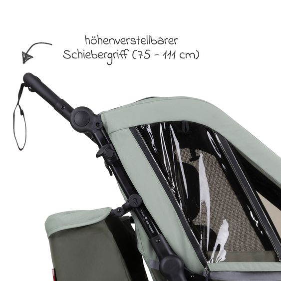 ABC Design 3in1 Fahrradanhänger und Kinderwagen Tour für 2 Kinder mit Bremssystem, Komfortsitze, Verdeck mit Moskitonetz, Regenschutz & Sonnenschutz (bis 49 kg) - Olive