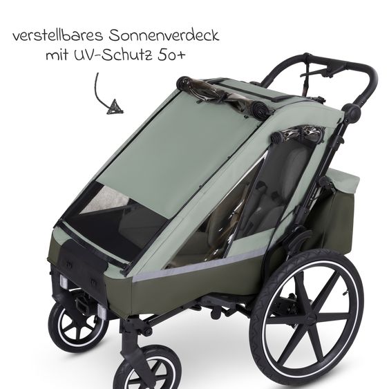 ABC Design 3in1 Fahrradanhänger und Kinderwagen Tour für 2 Kinder mit Bremssystem, Komfortsitze, Verdeck mit Moskitonetz, Regenschutz & Sonnenschutz (bis 49 kg) - Olive