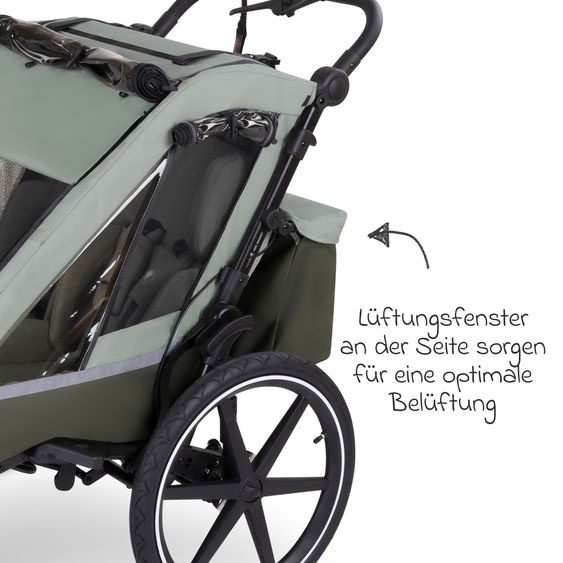 ABC Design 3in1 Fahrradanhänger und Kinderwagen Tour für 2 Kinder mit Bremssystem, Komfortsitze, Verdeck mit Moskitonetz, Regenschutz & Sonnenschutz (bis 49 kg) - Olive