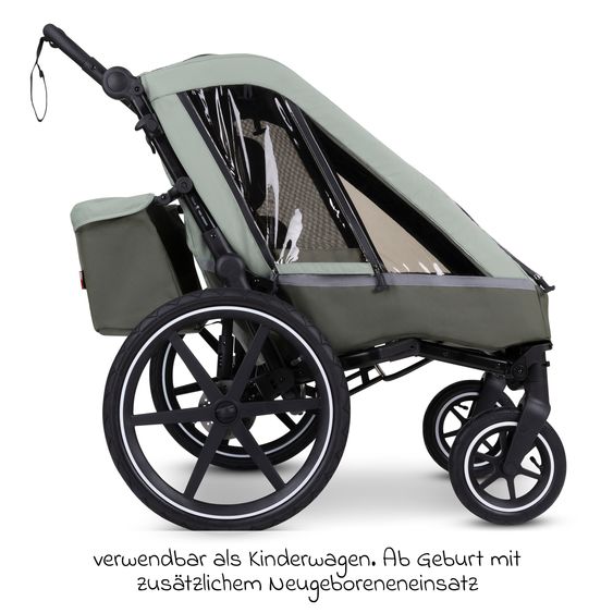 ABC Design 3in1 Fahrradanhänger und Kinderwagen Tour für 2 Kinder mit Bremssystem, Komfortsitze, Verdeck mit Moskitonetz, Regenschutz & Sonnenschutz (bis 49 kg) - Olive