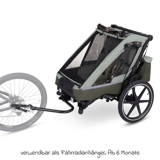 ABC Design 3in1 Fahrradanhänger und Kinderwagen Tour für 2 Kinder mit Bremssystem, Komfortsitze, Verdeck mit Moskitonetz, Regenschutz & Sonnenschutz (bis 49 kg) - Olive