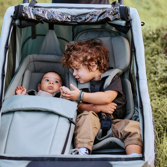 ABC Design 3in1 Fahrradanhänger und Kinderwagen Tour für 2 Kinder mit Bremssystem, Komfortsitze, Verdeck mit Moskitonetz, Regenschutz & Sonnenschutz (bis 49 kg) - Olive