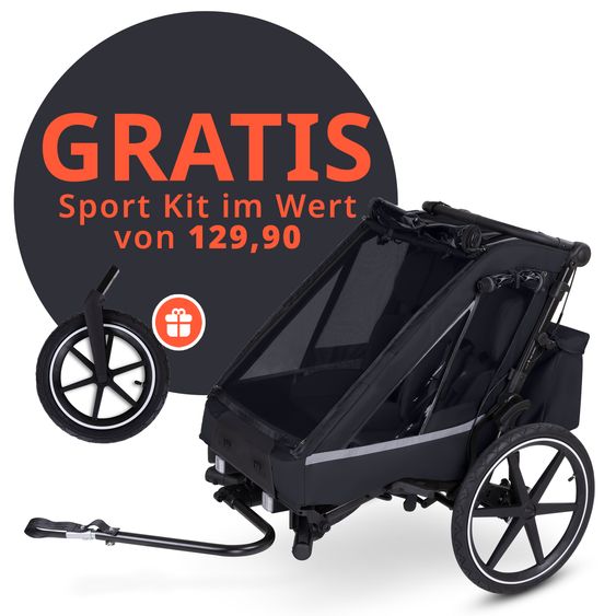 ABC Design Rimorchio per bici e passeggino 3in1 per 2 bambini con ruota pneumatica jogger, sistema frenante, sedili confortevoli, tettuccio con zanzariera, parapioggia e protezione solare (fino a 49 kg) - Ink