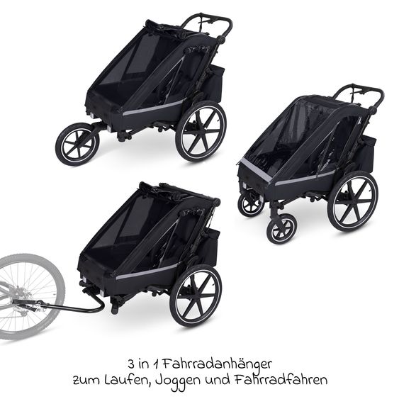 ABC Design Rimorchio per bici e passeggino 3in1 per 2 bambini con ruota pneumatica jogger, sistema frenante, sedili confortevoli, tettuccio con zanzariera, parapioggia e protezione solare (fino a 49 kg) - Ink