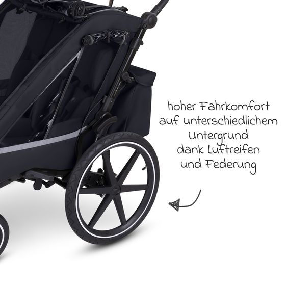 ABC Design Rimorchio per bici e passeggino 3in1 per 2 bambini con ruota pneumatica jogger, sistema frenante, sedili confortevoli, tettuccio con zanzariera, parapioggia e protezione solare (fino a 49 kg) - Ink