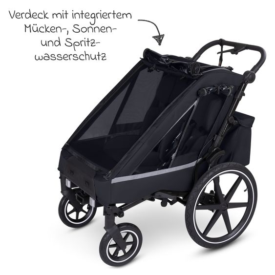 ABC Design Rimorchio per bici e passeggino 3in1 per 2 bambini con ruota pneumatica jogger, sistema frenante, sedili confortevoli, tettuccio con zanzariera, parapioggia e protezione solare (fino a 49 kg) - Ink