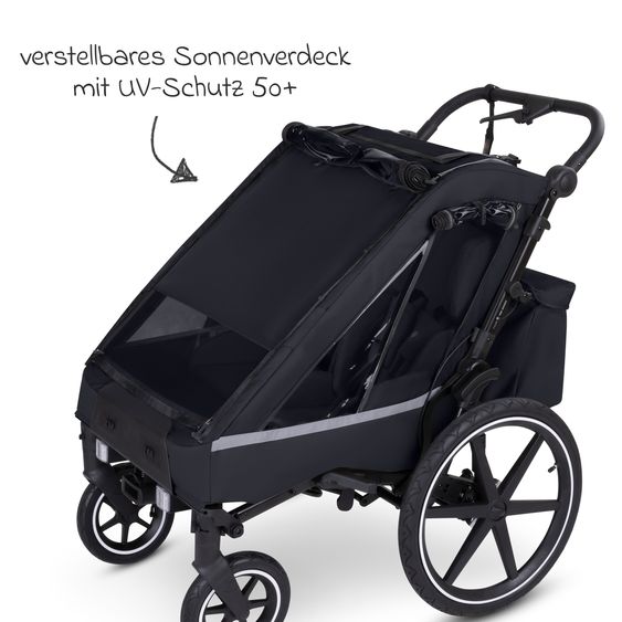 ABC Design Rimorchio per bici e passeggino 3in1 per 2 bambini con ruota pneumatica jogger, sistema frenante, sedili confortevoli, tettuccio con zanzariera, parapioggia e protezione solare (fino a 49 kg) - Ink