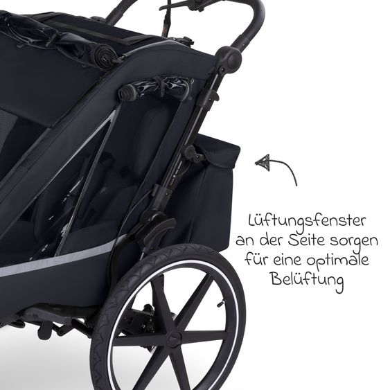 ABC Design Rimorchio per bici e passeggino 3in1 per 2 bambini con ruota pneumatica jogger, sistema frenante, sedili confortevoli, tettuccio con zanzariera, parapioggia e protezione solare (fino a 49 kg) - Ink
